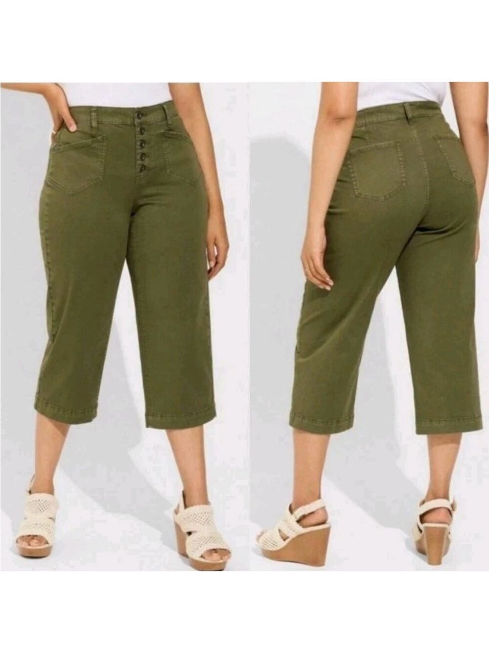 Torrid Crop Wide Leg Stretch Twill Pants Women’s 26 Green High Rise Button Fly